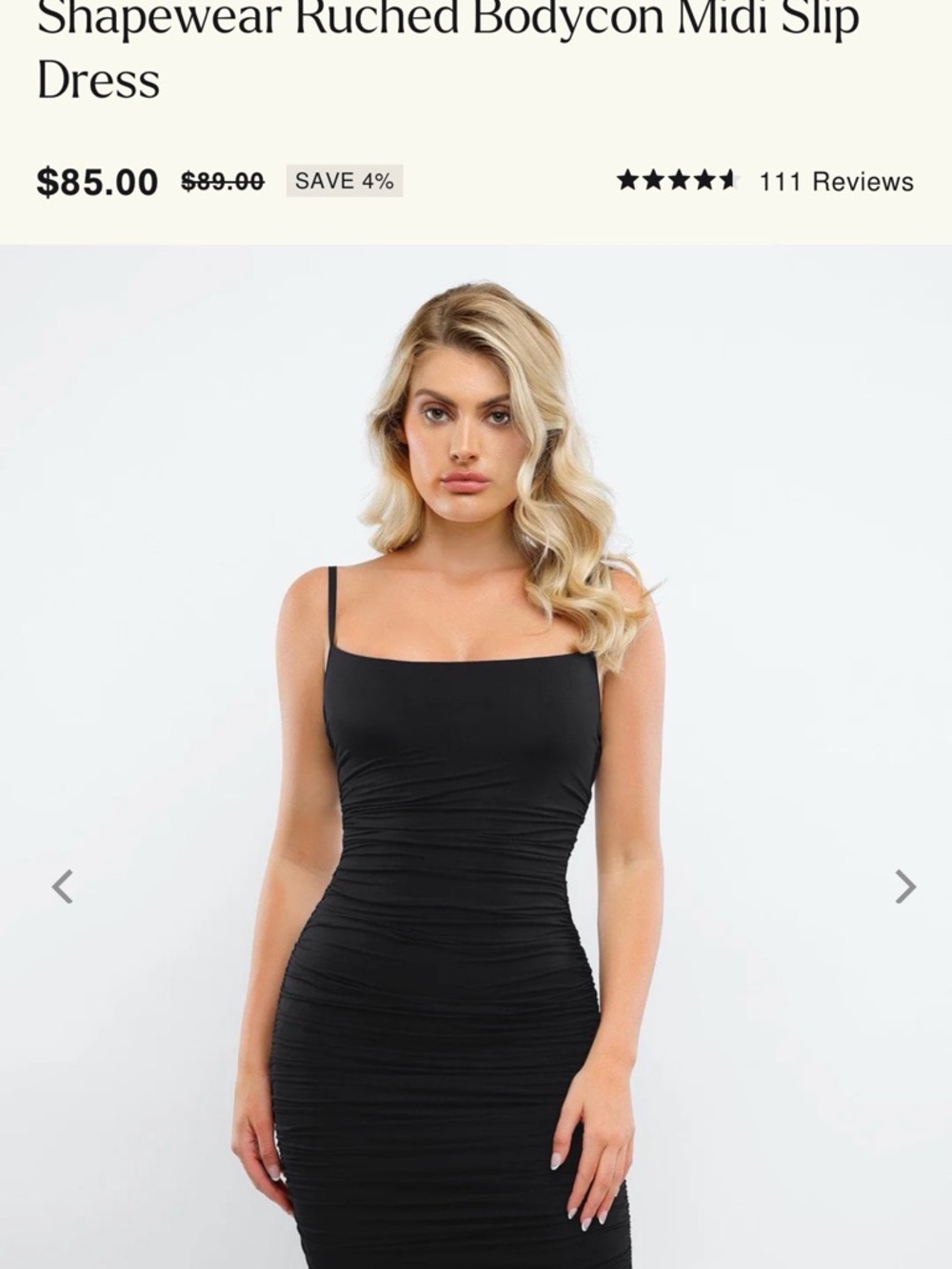 Ruched Bodycon Midi Slip Dress in Black